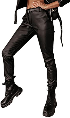 Onsoyours Slim Pantalon en Cuir pour Femmes Sexy Skinny Stretch Slim Leggings Taille Haute Elastique PU Cuir Pantalon 03 Noir M