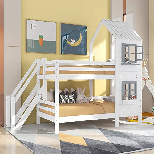 90x200 cm Etagenbett mit Handlauf und Fenster, Kinderbett Hausbett mit Fallschutz und Gitter, Rahmen aus Kiefer