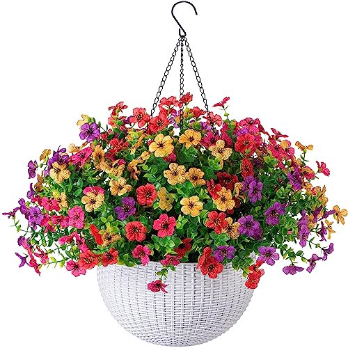 Fleurs artificielles dans panier suspendu, marguerite avec feuilles d'eucalyptus pour extérieur, intérieur, jardin, cour, pot en plastique blanc avec fausse plante pour décoration de la maison,