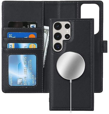 ELTEKER Handyhülle Samsung Galaxy S23 Ultra Hülle,[Abnehmbare Magnetische] [Kabelloses Laden] Klapphülle mit Kartenfach Schutzhülle Leder Hülle für Galaxy S23 Ultra - schwarz