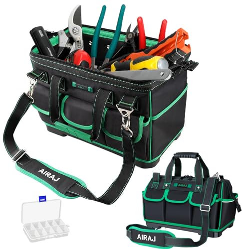 AIRAJ Tool Bag,18 Inch Tools Bag Large for Men Heavy Duty with 14 Pockets,Waterproof Tool Bags Organizer with Hard Bottom and Adjustable Shoulder Strap, Suit for Plumbers,Mechanics,Black
