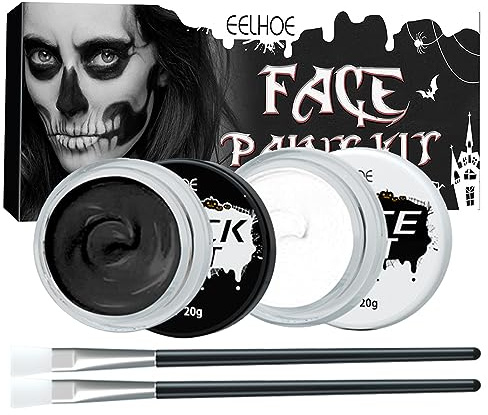 Holzsammlung Pinturas Corporales Blanco y Negro con 2 Pinceles, Set de Maquillaje de Fiesta, para Maquillaje Teatral, Halloween, Carnaval, Fiesta - A