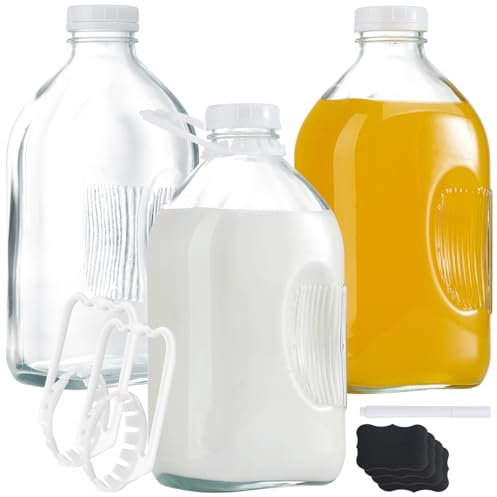 FyndraX Glass Milk Jugs Containers - Half Gallon Juice Bottles with Airtight Screw Cap and Handle for Milk, Breastmilk, Iced Tea, Cold Water, 64OZ Pitcher Set of 3
