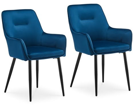 CLIPOP Esszimmerstuhl 2 Stück mit Armlehne Küchenstuhl Polsterstuhl Wohnzimmerstuhl Sessel Sitzfläche aus Samt Loungesessel 2er Set für Esszimmer,Arbeitszimmer,Wohnzimmer,Schlafzimmer,Blau