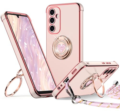XYZ Coque pour Samsung Galaxy A14 5G, avec Double Anneau de Support Cœur, avec Lanière pour Filles et Femmes, Coque de Protection Luxe Mignonne et Scintillante pour Samsung A14 5G, Rose