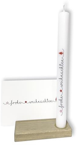 FRITZ COX Weihnachtskerze Frohe Weihanchten | Stabkerze mit Kerzenständer und Weihnachtskarte | Stabkerzen mit weihnachtlichem Aufdruck | 20cm