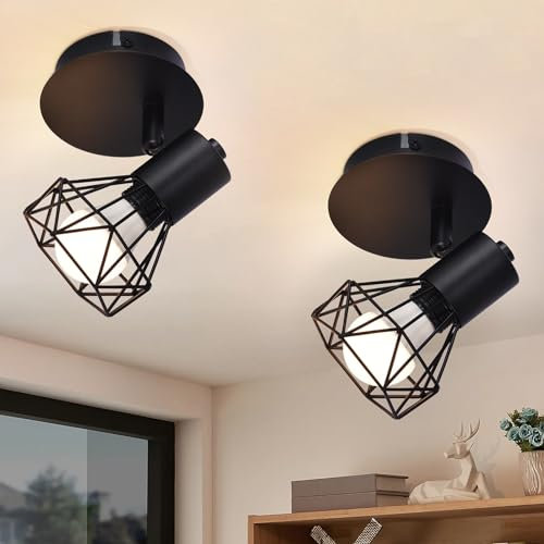 Glitzerlife Deckenspots Schwarz Deckenstrahler Retro 2ER - Deckenlampe E14 Verstellbar Vintage Deckenleuchte 1 Flammig Küchenlampe 350°für Flur Arbeitszimmer Schlafzimmer Wohnzimmer Küche Max. 40W