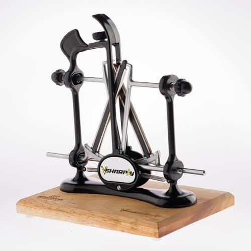 Warthog Sharpeners V-Sharp A4 ELITE Messerschärfer Schwarz, mit 4 verschiedenen Schleifwinkel – hochwertigem Holzstandfuß - Messerschleifer für Jagdmesser, Küchenmesser, Schnitzmesser, uvm.