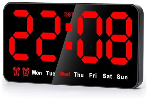Lrtzizy Horloge Murale Numérique, Horloge Numérique LED de 9 Pouces, Grand Écran avec 12/24 Heures, Gros Chiffres, Petite Horloge Murale Silencieuse et 21,5 X 3 X 11 cm (Rouge)