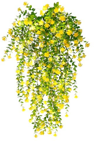 RECUTMS Artificial Hanging Flowers Outdoor, Hanging Plant Vine Faux Leaves‌ Greenery Vine Plant with Lights Fake Plants Greenery for Jungle Theme Party Wedding Decoration(Yellow)