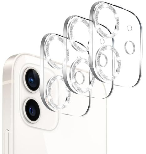 XIXKOLYU Lot de 3 protections d'objectif d'appareil photo compatibles avec iPhone 12, verre trempé, accessoire de protection d'écran, film de lentille stéréoscopique 3D à paillettes argentées