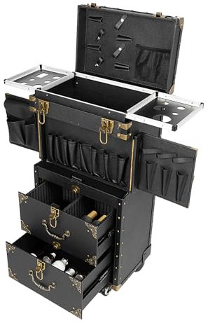 TESUGN 3-in-1 Kosmetikkoffer Trolley, Kosmetik Trolley mit Schublade Kosmetikkoffer Trolley Make up Koffer Schminkkoffer Friseurkoffer, Rollen 360° drehbar, Reisen, Friseure, Geschenkidee, Schwarz