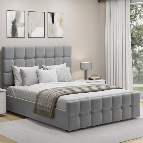 Blisswood Upholstered Ottoman Bed, 4ft6 Double Bed Frame UKFR Velvet Light Grey Ottoman Storage Bed With Gas Lift End Opening Wooden Slats With Storage Bed (4ft6 Double, No Mattress)