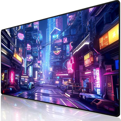 Cyberpunk Tapis de souris XXL pour jeu vidéo et bureau Coloré Grand tapis de souris antidérapant avec bords cousus 80 x 30 cm