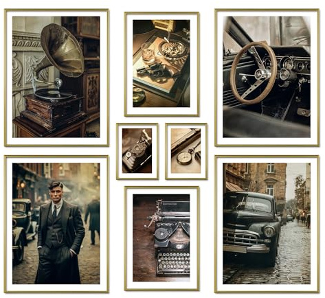 ARTFAVES® Poster Set - VINTAGE LONDON - mehrteilige Wanddeko Wohnzimmer & Schlafzimmer - 8 moderne Wandbilder Peaky Blinders Vintage Deko Poster Wandbild Collage London - mit Rahmen Gold