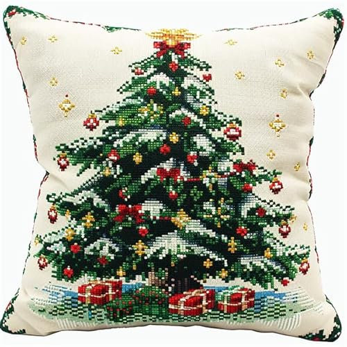 Lfynior Kreuzstichkissen Set Weihnachten Stickkissen zum Selbersticken 45X45cm Stickpackung Stickset Kreuzstich Kissen zum Basteln Stickkissen Stickpackung mit Vorgedruckt Kreuzstichmotiv