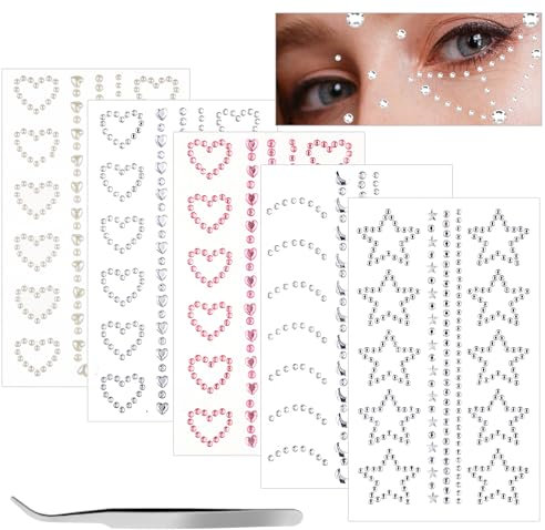 GEEHUA 5 Bögen selbstklebende glitzersteine gesicht für Make up, 3D Herz Stern Mond Gesichts Strassaufkleber Gesichtsedelstein zum Aufkleben auf Gesicht Augen Nägel Körper Kristallperlen