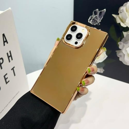 FYYFTYT Luxury Square Plating Glossy Make Up Mirror Case For iPhone 15 14 12 13 11 Pro Max Plus Slim Soft TPU Shockproof Bumper Cover,Gold,For iPhone 15 Plus