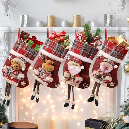 dellyy 4 Piezas Medias de Navidad Bolsa de Regalo, Chimenea Calcetines de Navidad Decoración, Ilenar Botas de Navidad, 3D Christmas Stockings para árboles de Navidad, Chimeneas, Escaleras
