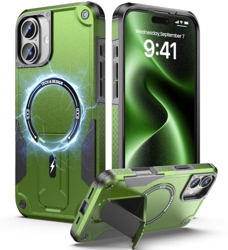 Tuvror for iPhone 16 Plus Case with Stand, Magnetic Phone Case, Green | Compatible with MagSafe, Built-in Kickstand, Rugged Protection Heavy Duty Shockproof Magnet Case for iPhone 16 Plus
