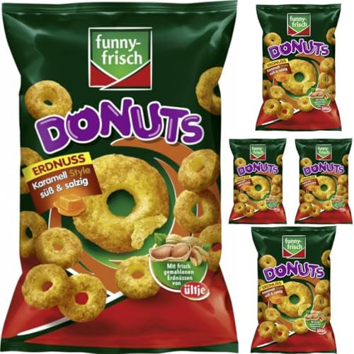 Funny-frisch Donuts Erdnuss Karamell Style süß & salzig Chips Cracker 110 gramm x 5 Stück mit Pufai
