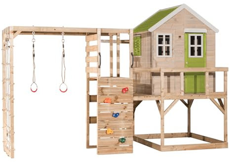 Wendi Toys M21L-G Spielhaus Kinder Outdoor Holz mit Kletterwand, Garten Kinderspielhaus, Grün, FSC Holz, 197 x 356 x 242 cm, Klettergerüst Outdoor, perfekt für Outdoor-Spaß