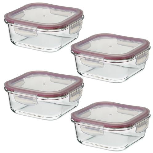 LOLAhome Set de 4 fiambreras de cristal con tapa hermética de 800 ml. Juego de 4 recipientes herméticos de vidrio de borosilicato transparente apto para microondas, horno hasta 400ºC y congelador.