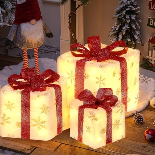 Weihnachtsdeko Aussen Led Deko Weihnachten Geschenke Leucht Boxen mit Timer Weihnachtsbeleuchtung,Weihnachtsdekoration Beleuchtet,LED Geschenkboxen Weihnachts Deko Advent Winter Beleuchtung (Warm)