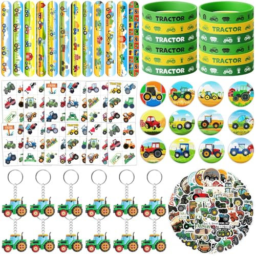 BOIKOKY Tractor 110 Teiliges Traktor Mitgebsel Set für Kinder, Bauernhof Geburtstagsdeko & Zubehör mit Klatscharmbändern, Tattoos, Stickern, Schlüsselanhängern & Buttons