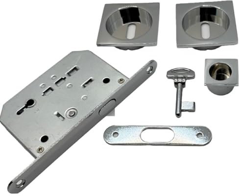 Kit Quadrato in Zama con Serratura e Chiave – Set Maniglie per Porte Scorrevoli a Scomparsa | Kit Completo con Serratura a Gancio, Nottolino, Bocchette in Acciaio (cromo lucido)