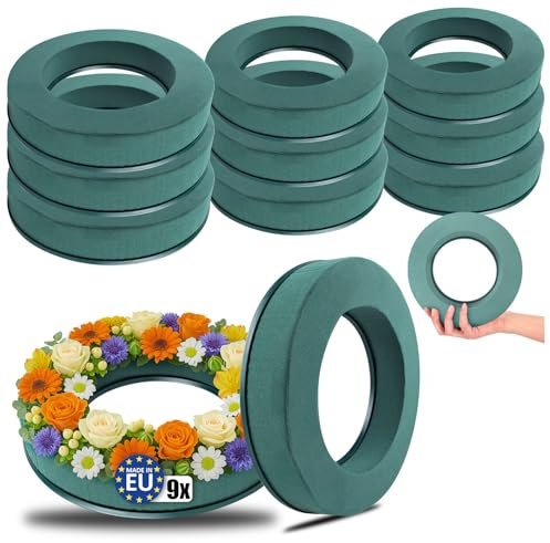 com-four® 9X Steckmasse für Blumengestecke in Ringform - Steckschaum für Frischblumen - Steckschwamm zum Basteln für Hochzeit, Ostern und Geburtstag (09 Stück - Ring)