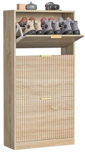 Skokliz Schuhschrank mit 3 Flip-Schubladen, platzsparender Schuhkipper, Schuhregal, Schuhaufbewahrung, für 12-18 Paar Schuhe, Flur möbelund Wohnzimmer, 60x23.8x122cm