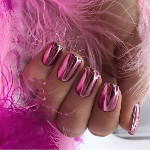 KQueenest Chrome Baby Pink Press on Nails Short Medium Square Glitter Metallic False Nails Medium Coffin, Luxury Design Acrylic Fake Nails Set with Bling Mirror Effect Stick on Nail for Women 24 Pcs