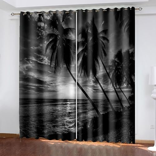 AMDXD Blickdichte Vorhänge für Wohnzimmer Grau, Meer Palm Bäume Sonnenaufgang Landschaft Verdunkelungsvorhänge, Gardinen mit Ösen Ösenvorhang Thermovorhang für Schlafzimmer 2er Set 214x214cm