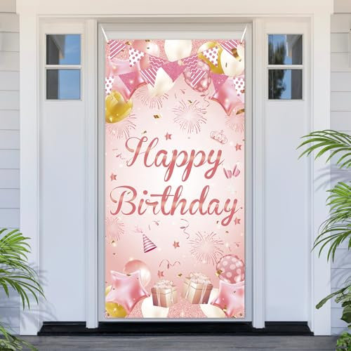 PartyYaa Cartel decorativo de feliz cumpleaños, cubierta de puerta de cumpleaños, pancarta de fiesta extra grande, cartel de fondo de cabina de fotos, póster para interiores y exteriores (oro rosa)