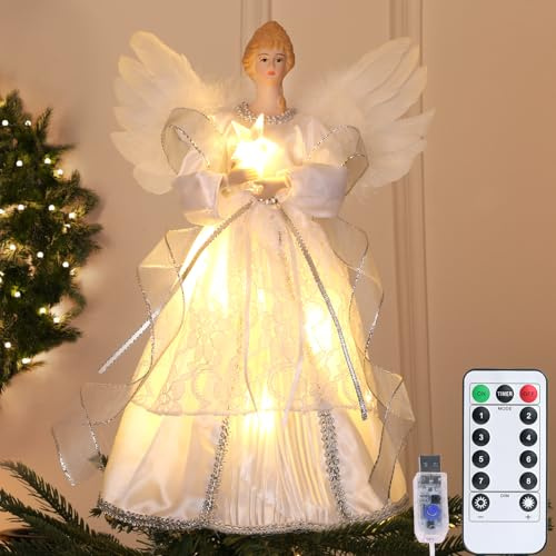 SINTENILL Engel-Weihnachtsbaumspitze mit Timer-Lichtern, 31,8 cm, beleuchtet, Weihnachtsbaumspitze mit weißen Federflügeln und Sternenlicht, Weihnachtsbaum-Engelspitze, Urlaubsdekorationen, Geschenk