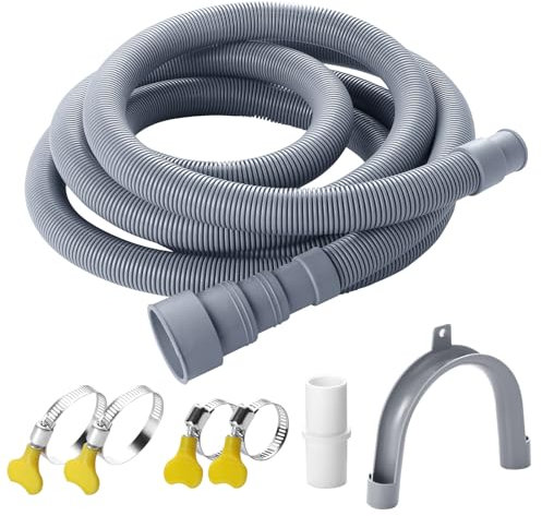 Elyfree Washing Machine Drain Hose, 15 ft Flexible Washer Drain Hose Extension, Universal Dishwasher Hose Extension Kits Corrugated Washer Hoses W/ 1 Hose 4 Clamps 1 U-Bend Holder (Feet, 15)