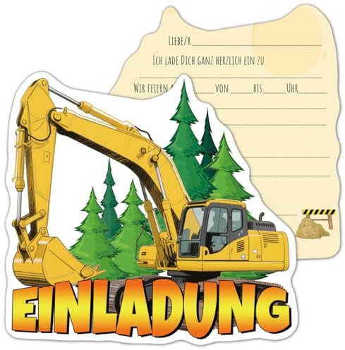 RFBEUTEL 12x Bagger Einladungskarten Kindergeburtstag Junge Einladungskarten Geburtstagseinladungen Einladungen für Jungen und Mädchen Geburtstagsfeier Kinderparty