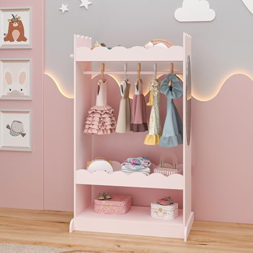 [en.casa] Kindergarderobe stehend Vestnes Kinder Kleiderschrank mit Spiegel und Kleiderstange 115 x 63 x 38 cm Kleiderständer mit 3 Haken Wellendesign Cotton Candy