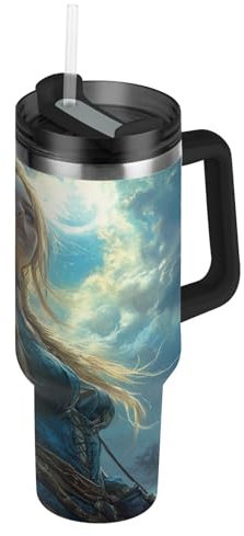 Amooorous Archers Game Anime Girl - Botella de agua azul al vacío de boca ancha con tapa y pajita, taza de té decorativa con tapa para el hogar, la oficina o el coche, vasos para café Caliente termico