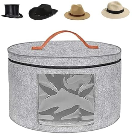 Faltbare Hut Aufbewahrungsbox, Hutschachtel Rund, Hat Organizer, Hutschachtel mit Deckel und Reißverschluss, mit Ledergriff, Transparentes Window für Schrank oder Reise, 43x25cm (Light Gray)