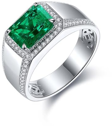 Wedding Ring Silver, Verlobungsring Mann Sterlingsilber Siegelschmuck mit Künstlichem Smaragd Geburtstagsgeschenk Größe 60 (19.1)