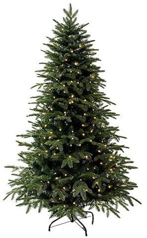 Árbol de Navidad Premium preiluminado con Puntas de Ramas preabiertas de PVC y PE Mixtos y Soporte Plegable. Totalmente Artificial de PVC y PE con Luces.(210cm)