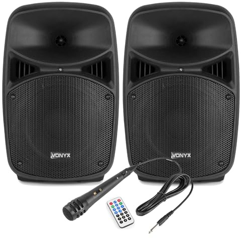Vonyx VPS082A 8-Inch Active Bluetooth PA Speakers Set, 400W, Mic Included | USB/SD MP3, RCA input, treble & bass EQ, echo effect, small venues