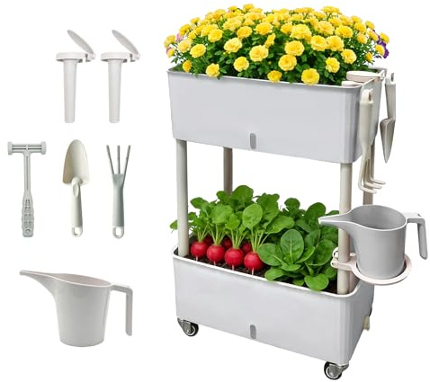 Zweistöckiges Hochbeet mit Rollen & Autobewässerung - Mobiles Kunststoff Hochbeet 46.6x25.5x70.5cm für Balkon & Terrasse - 40L Volumen, 2-Wochen Wassertank, Modulares Stapelsystem
