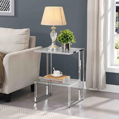 Moderner Couchtisch aus Acryl mit gehärtetem Glas, 2-lagig, quadratisches Design, Chrom-Finish, ideal für Wohnzimmer, Sofa, Beistelltisch oder Nachttisch.