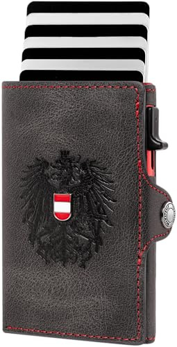 Hoamatkult Adler Smart Wallet Bifold – Echtleder Geldtasche mit Pop-Up Kartenfunktion, RFID Schutz, Adler Prägung, Vintage Design, handgefertigt, ultrakompakt, inkl. Geschenkbox – Schwarz