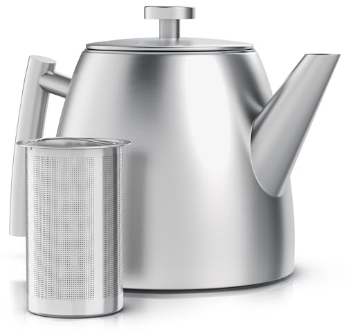 Arendo - Teekanne Edelstahl mit Siebeinsatz – 1000 ml - Teekanne thermo doppelwandig – Silber
