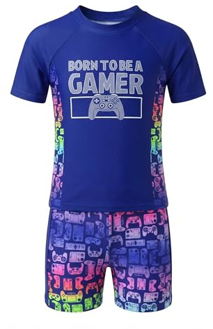 JiAmy Boys Gaming Swimming Costume 2 Piece Set, Short Sleeve Rash Guard Top with Swim Trunks Quick Dry UV Protection Kids Swimsuit Swimwear Set 13–14 Years, Blue Gradient