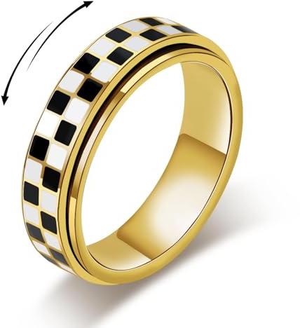 MIYUEFAN Anxiety Ring für Damen Herren, Anti Stress Band Silber Edelstahl Muttertagsgeschenke, Anti-Angst Spinner Ringe Schwarz-Weiß Karierter Schmuck Geschenk Muttertag für Mama